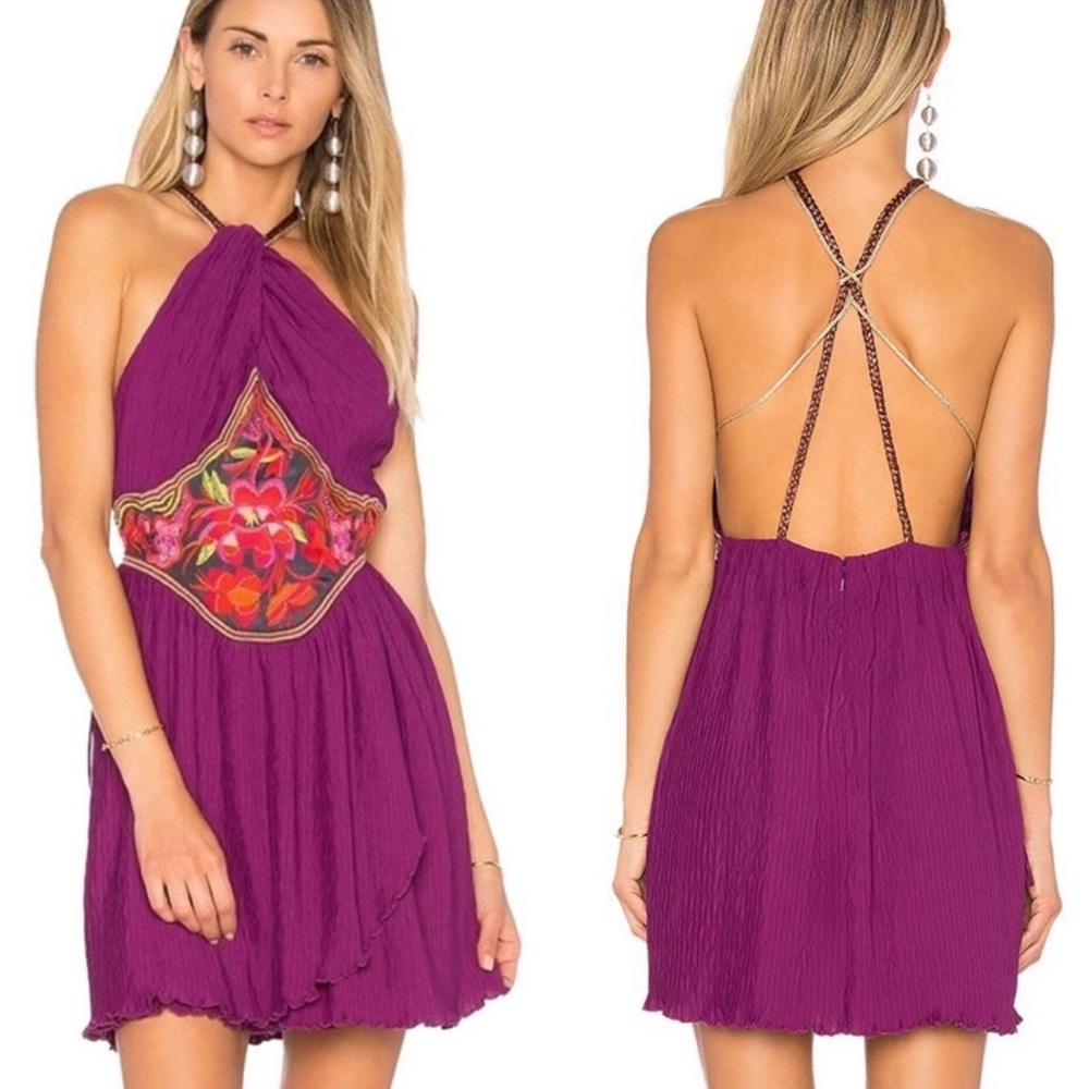 Free People Marcella Embroidered Halter Mini Dress